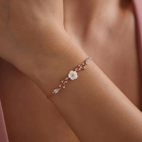 Mother of Pearl Cherry Blossom Adjustable Bracelet with Rose Gold Plated Sterling Silver