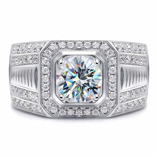 Men’s Round-Cut Moissanite Halo Statement Ring in 925 Sterling Silver