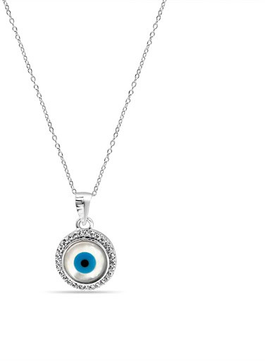 Sterling Silver Evil Eye Necklace with Cubic Zirconia Halo for Women