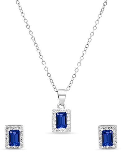 Sterling Silver Emerald-Cut Sapphire Blue Halo Necklace & Earrings Set
