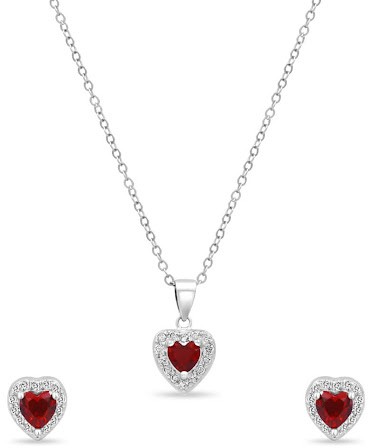 Sterling Silver Heart-Shaped Ruby Red Halo Pendant & Earrings Set