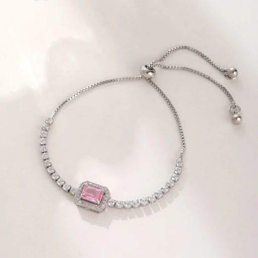 Sterling Silver Pink Emerald-Cut Adjustable Tennis Bracelet