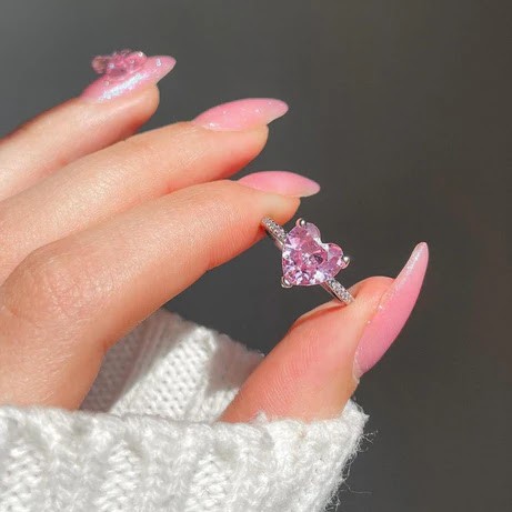Romantic Pink Heart Solitaire Ring - Sterling Silver Promise Ring for Her