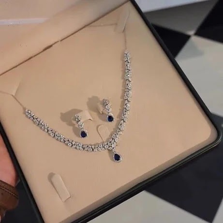 Midnight Pear Droplet Jewelry Set – 925 Sterling Silver Necklace & Earrings with Sapphire Blue Zirconia