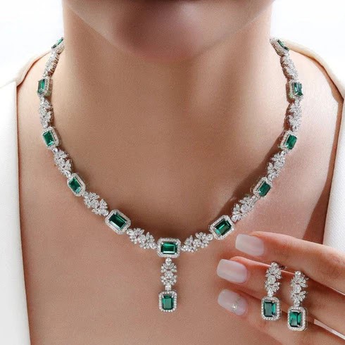 Emerald Empress Halo Set – 925 Sterling Silver Emerald-Cut Necklace & Drop Earrings
