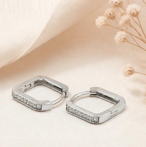 Silver Square Crystal Huggie Hoop Earrings