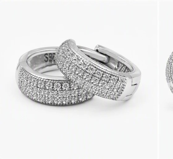 GlitzAura 925 Sterling Silver Three-Row Micro-Pavé Crystal Huggie Hoop Earrings