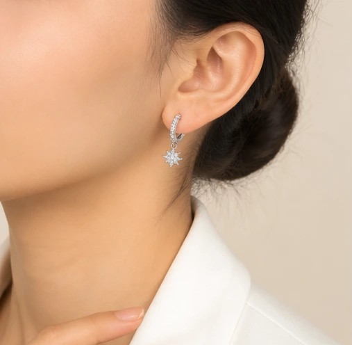 Celestial Star Dangle Sterling Silver Huggie Hoop Earrings