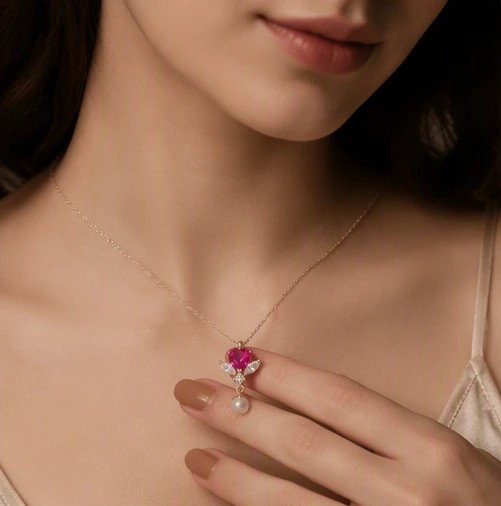 Crimson Blossom: Ruby Heart and Pearl Drop Silver92.5% Pendants