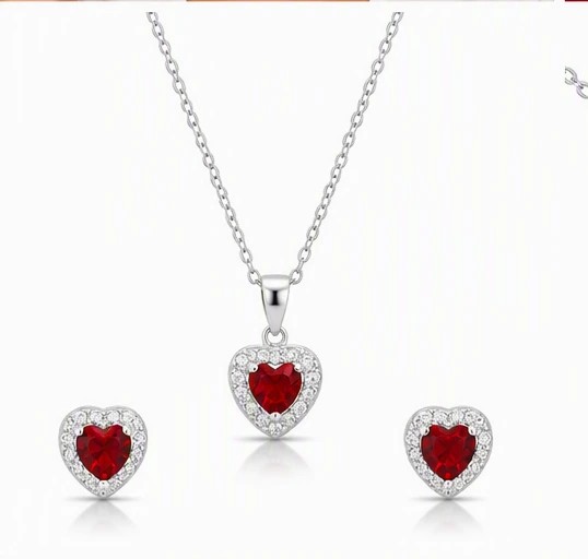 RubyAura 925 Sterling Silver Heart-Cut Red Solitaire Pendant Necklace & Earrings Set
