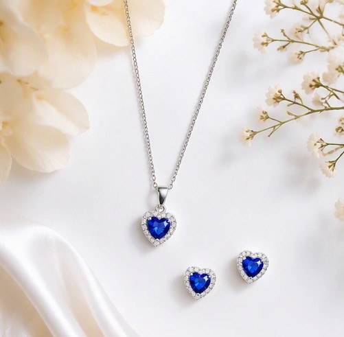 AzureAura 925 Sterling Silver Heart-Cut Sapphire Blue Halo Pendants Set
