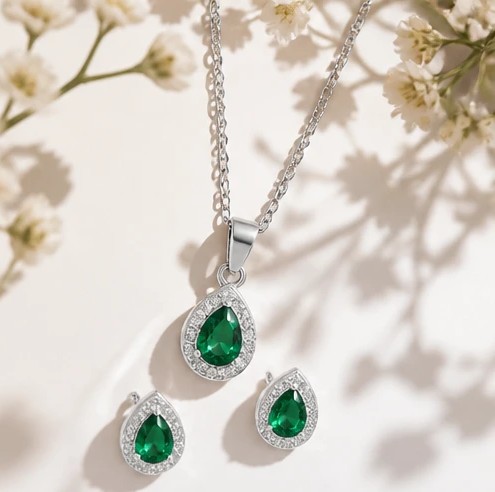 EmeraldGlow 925 Sterling Silver Pear-Cut Emerald Green Halo Pendants Set