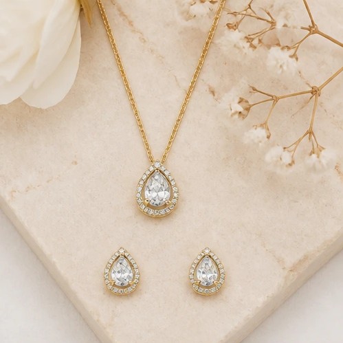 AuraGlow Rose Gold Plated Pear-Cut Solitaire Halo Pendants Set