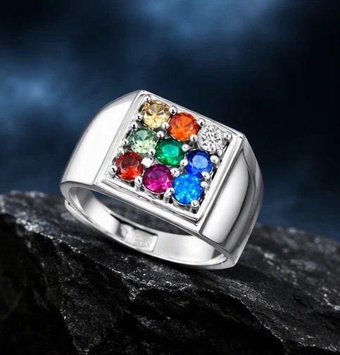 Navaratna Multicolor Gemstone Silver Signet gents Ring