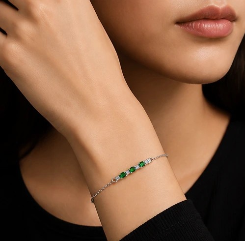 Emerald Green & Cubic Zirconia Silver Chain Bracelet