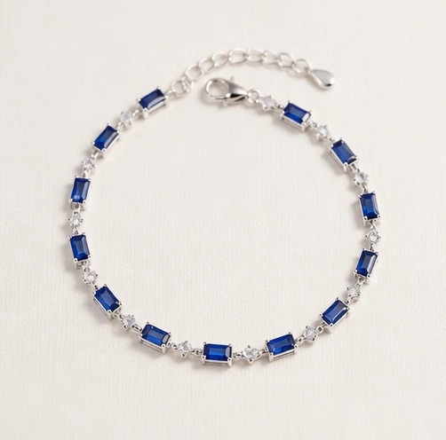 Blue Sapphire & Cubic Zirconia Baguette Tennis Bracelet