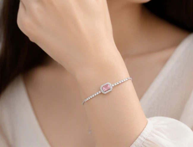 Pink Emerald-Cut Halo Adjustable Tennis Silver92.5% Bracelet