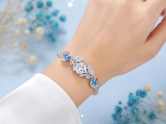 Aquamarine & CZ Floral Leaf Silver Chain Bracelet