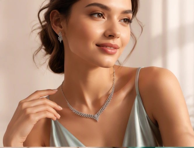 Majestic Leaf V-Shape CZ Silver Necklace Set