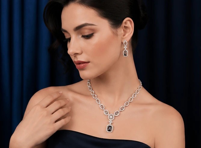 Celeste Royal Blue Oval Crystal Halo Necklace and Drop Earrings Set