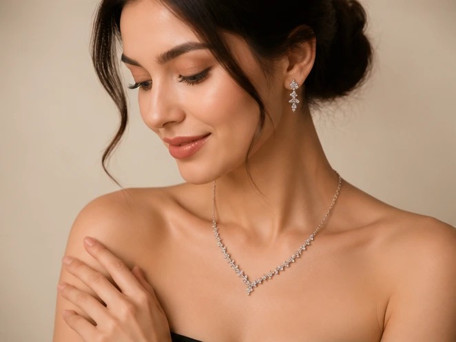 Celeste Brilliant Crystal Chevron Necklace and Drop Earrings Set