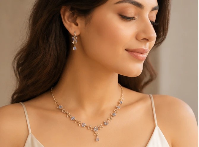 VedaBlossom 925 Sterling Silver Botanical Lavender Quartz Vine necklace Sets