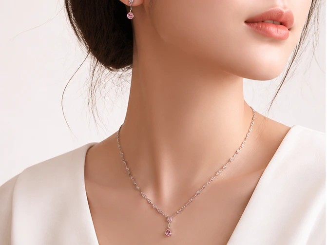 Blush Romance: Pink Crystal Heart Silver92.5% Necklace Sets