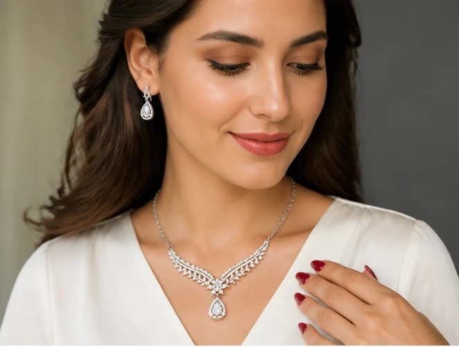 StellaMaris 925 Sterling Silver Angel Wing Pear-Cut Solitaire Necklace Sets