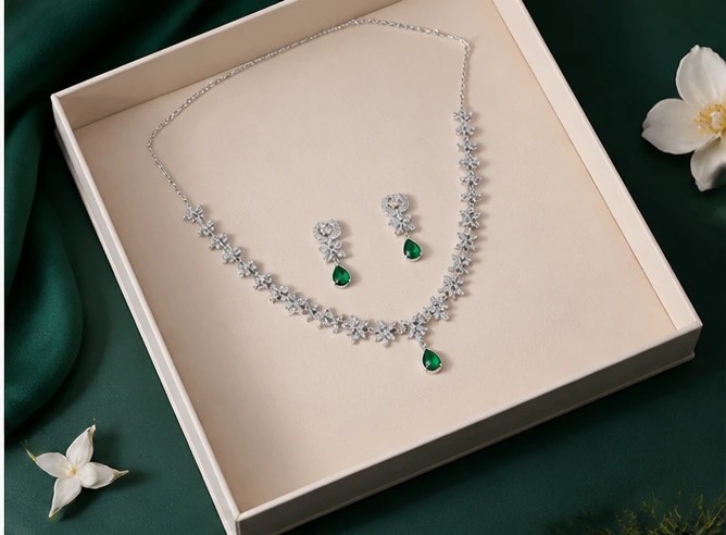 Celeste Brilliant Crystal Chevron & Emerald Teardrop necklace  Set