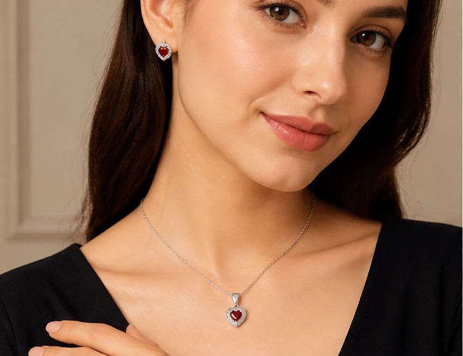 Sterling Silver Heart-Shaped Ruby Red Halo Pendant & Earrings Set