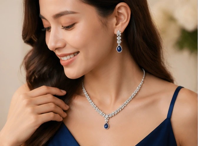 Midnight Pear Droplet Jewelry Set – 925 Sterling Silver Necklace & Earrings with Sapphire Blue Zirconia