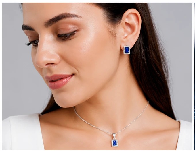 Sterling Silver Emerald-Cut Sapphire Blue Halo pendant & Earrings Set