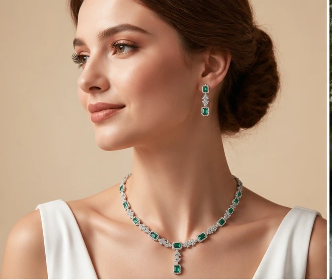Emerald Empress Halo Set – 925 Sterling Silver Emerald-Cut Necklace & Drop Earrings