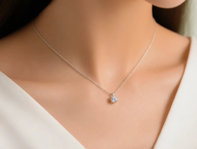 Classic Round Solitaire Silver Chain Necklace