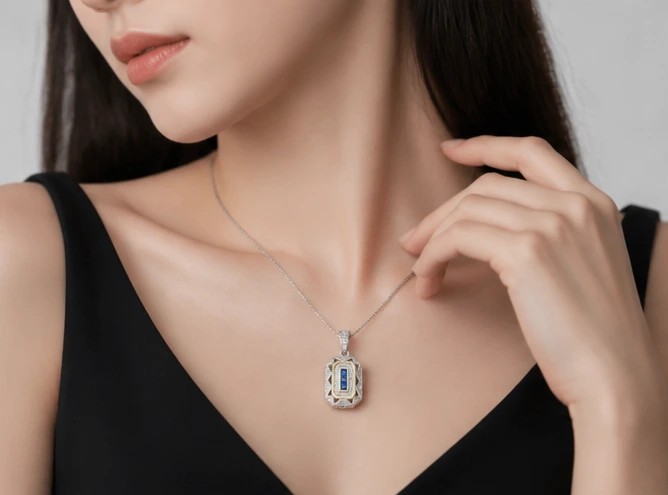 Art Deco Sapphire & CZ Two-Tone Rectangle Silver92.5% Necklace
