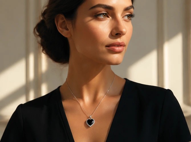 NoirAura 925 Sterling Silver Black Onyx Heart Halo Necklace