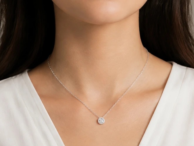 AuraGlow 925 Sterling Silver Classic Round Halo Solitaire  Necklace