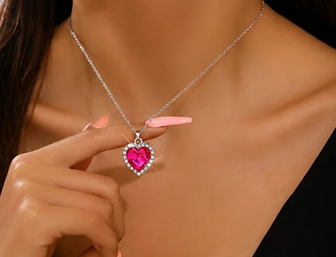 RubyAura 925 Sterling Silver Heart-Cut Pink Ruby Solitaire Halo Necklace