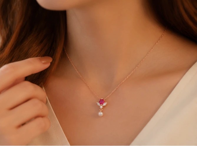 Crimson Blossom: Ruby Heart and Pearl Drop Necklace
