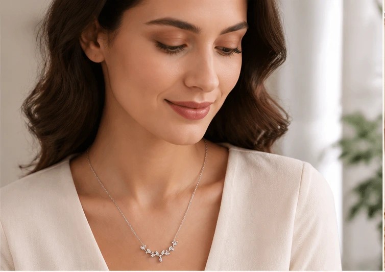 Marquise Leaf Vine Necklace in 925 Sterling Silver – Dainty Nature-Inspired Sparkle Pendant