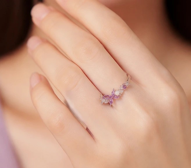 AmethystFlora Silver Purple Butterfly Ring