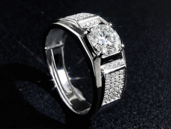 Men’s Adjustable Sterling Silver Moissanite Statement Ring – Brilliant Round Cut Solitaire